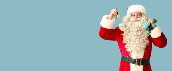 Santa Claus with Christmas bell and skateboard on blue background with space for text