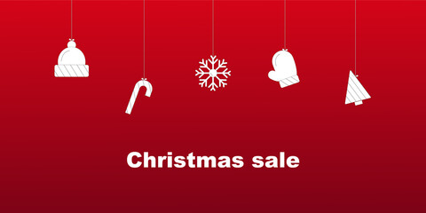 Christmas sale banner for advertising or website. Red traditional color. Christmas toys pendants