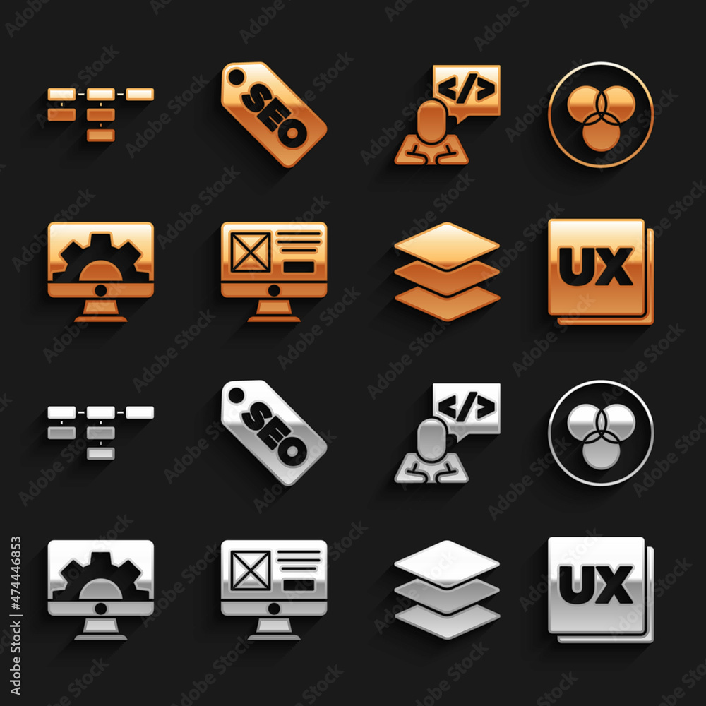 Poster set ui or ux design, rgb and cmyk color mixing, layers, web development, front end, site map and seo