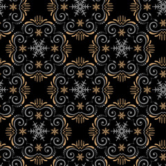 Victorian style background pattern on black background. Vector illustration for your design projects, seamless pattern, wallpaper textures with flat design.
