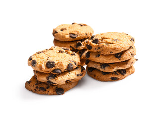 Tasty chocolate chips cookies on white background