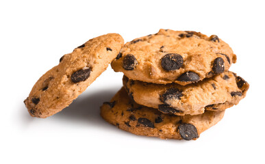 Tasty chocolate chips cookies on white background