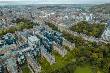 Aerial drone top view of Meadows park. Meadows in the Scottish capital of Edinburgh are a great place to take a run. Join the local runners who make Meadows a popular place for training