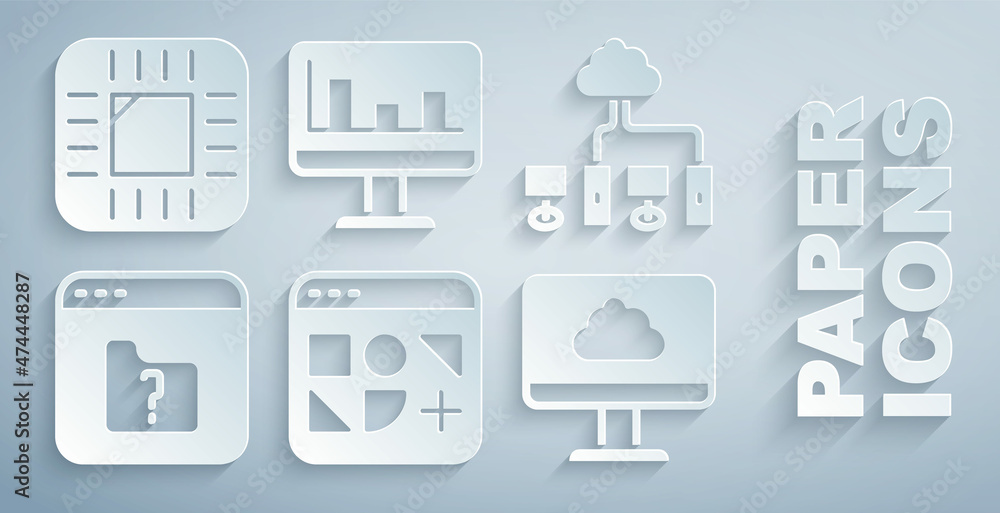 Poster set different files, computer network, file missing, cloud technology data transfer, monitor with gr