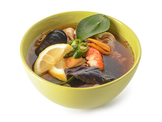 Bowl of spicy Thai soup on white background