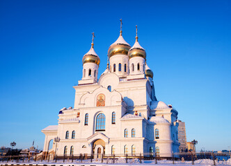 orthodox church on the background of a blue frosty sky