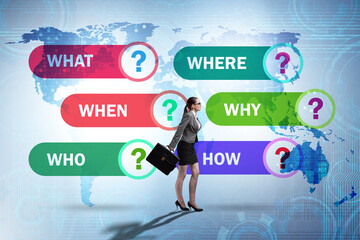 Concept of many questions with businesswoman