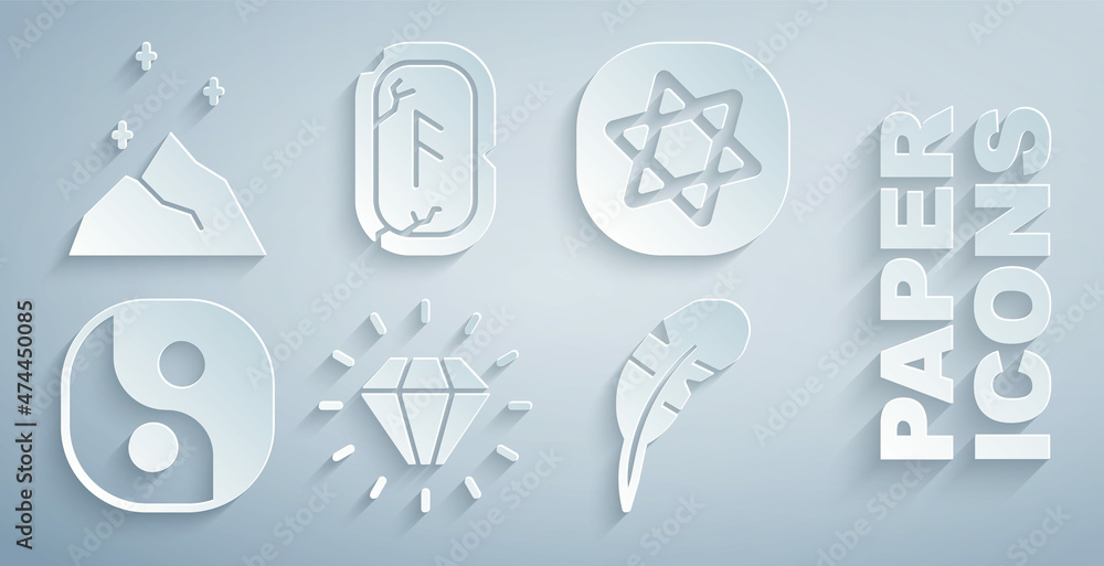 Wall mural set diamond, tarot cards, yin yang, feather pen, magic runes and powder icon. vector