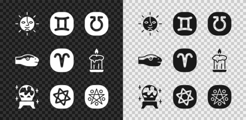 Set Sun, Gemini zodiac, Life, Magic ball, Tarot cards, Pentagram circle, Snake and Aries icon. Vector