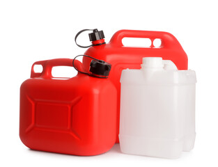 Plastic jerrycans on white background