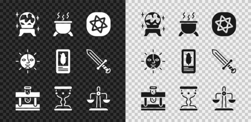 Set Magic ball, Witch cauldron, Tarot cards, Bottle with potion, Medieval goblet, Libra zodiac, Sun and icon. Vector