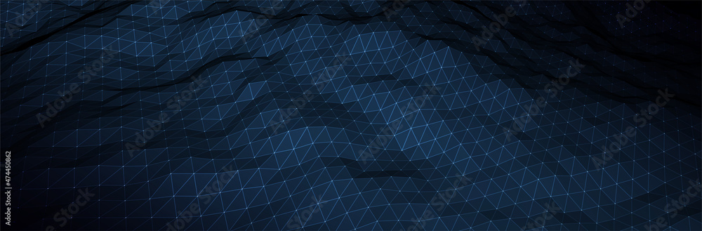 Poster abstract blue background. dark low poly triangle pattern. virtual computer landscape. technology sty