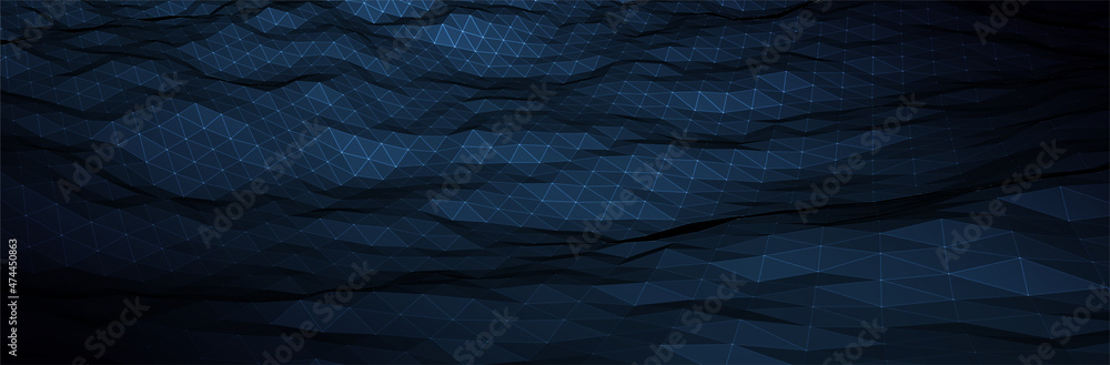 Poster abstract blue background. dark low poly triangle pattern. virtual computer landscape. technology sty