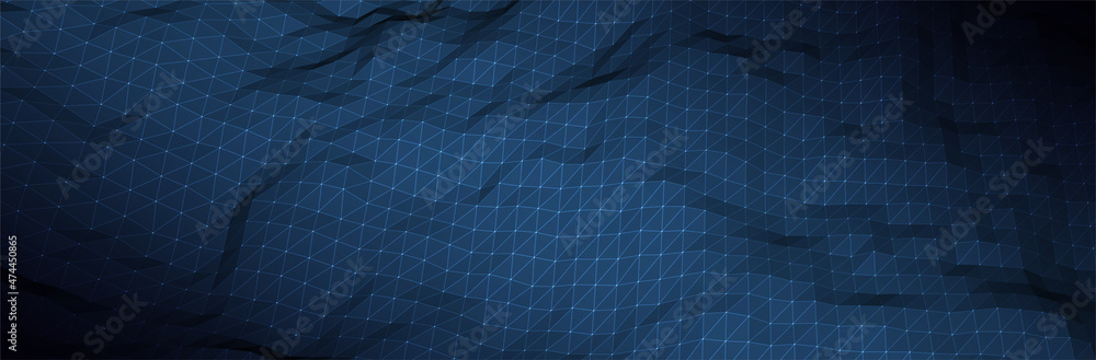 Poster abstract blue background. dark low poly triangle pattern. virtual computer landscape. technology sty