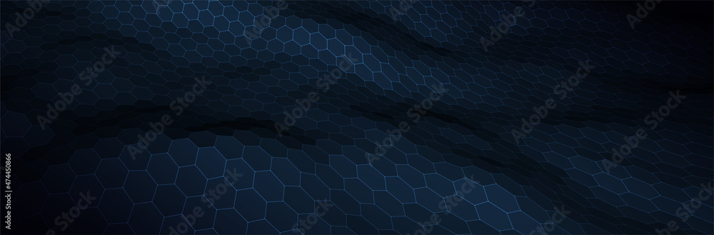 Poster abstract blue background. dark hexagon pattern. virtual computer landscape. technology style. sci-fi