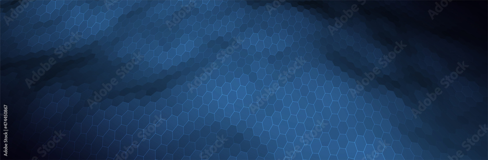 Poster abstract blue background. dark hexagon pattern. virtual computer landscape. technology style. sci-fi