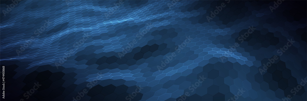 Poster abstract blue background. dark hexagon pattern. virtual computer landscape. technology style. sci-fi