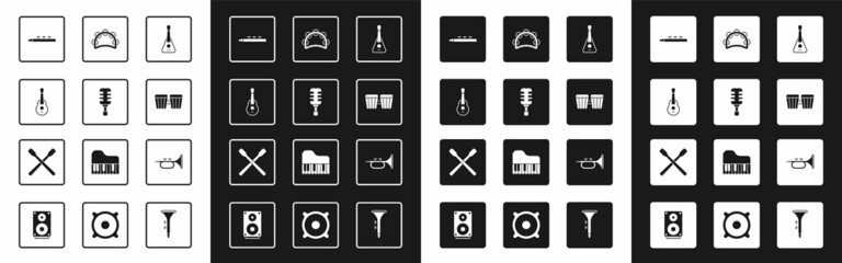 Set Guitar, Microphone, Drum and drum sticks, Tambourine, Trumpet and icon. Vector © Vadim