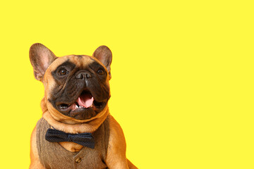 Cute fashionable French bulldog on color background