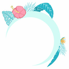 Vector template for an inscription with palm leaves and tropical flowers. Round frame for text for printing on a banner, tack