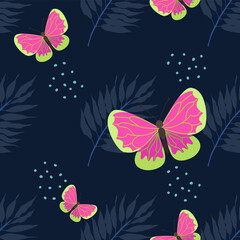 Fototapeta na wymiar Seamless vector pattern with bright butterflies and palm leaves. Bright tropical banner on a dark background. Beautiful butterflies pink hand drawn