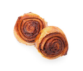 Delicious cinnamon rolls on white background