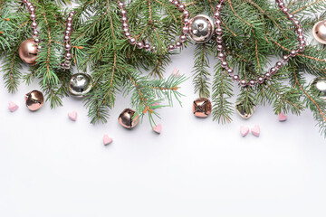 Christmas decor and fir branches on white background