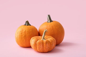 Ripe beautiful pumpkins on pink background