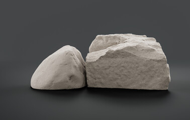 Single color white rocks in a flat grey color background for product displays with copy space, 3d Rendering