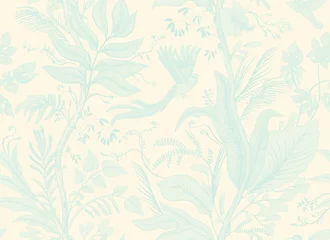 Fototapeten Seamless pattern Toile de Jouy with birds and plants. Light tropical wallpaper. Monochrome nature backgroung. Provence vintage decoupage. Floral italian wallpaper. Old style design. Vector art. © sunny_lion