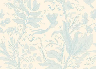 Poster Im Rahmen Seamless pattern Toile de Jouy with birds and plants. Light tropical wallpaper. Monochrome nature backgroung. Provence vintage decoupage. Floral italian wallpaper. Old style design. Illustration art. © sunny_lion