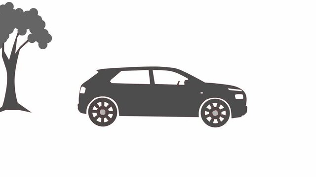 Black moving car icon isolated on white background. 2D animation footage.