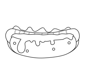 Black and white vector illustration of  hot dog with cheese sauce for coloring book and doodles