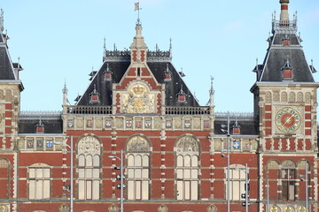 Amsterdam Central Railway Station Facade Close Up, Netherlands