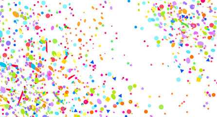 Colored pattern with geometric elements on white. Holiday background with confetti. Colorful texture from glitters. Festive frame. Print for banners, posters, t-shirts and textiles. Greeting cards
