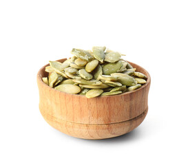 Bowl with pumpkin seeds on white background
