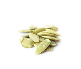 Pile of pumpkin seeds on white background