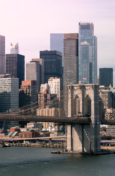 New York City skyline Manhattan town panoramic view Brooklyn Bridge World Trade Center. Vertical photo.
