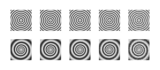 Dot Work Hand Drawn Stippled Abstract Spiral And Ripple Effect Vector Set In Different Variations Isolated On White Background. Various Degree Gradation Of Black Noise Dots Design Elements Collection