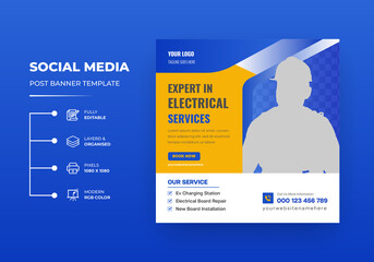 Obraz premium Professional Electrician or electrical service Center square flyer or Instagram social media post template