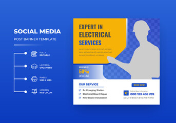 Professional Electrician or electrical service Center square flyer or Instagram  social media post template