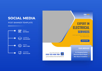 Professional Electrician or electrical service Center square flyer or Instagram  social media post template