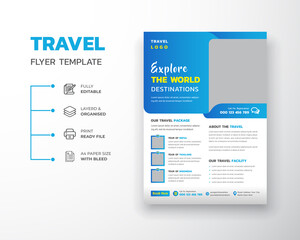 Obraz premium Travel Holiday Summer travel and tourism flyer template for poster design on Beach view background use for travel agency promotion catalog Template Design