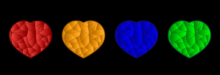 Set of hearts in different colors on a black background.