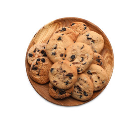 Tasty homemade cookies with chocolate chips in plate on white background