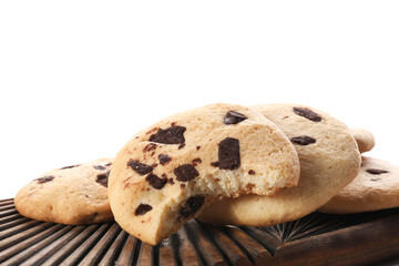 Board with tasty homemade cookies on white background, closeup