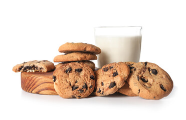 Board with tasty homemade cookies and glass of milk on white background