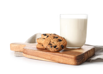 Board with tasty homemade cookies and glass of milk on white background