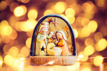 Christmas nativity scene of born child baby Jesus Christ in the manger with Joseph and...