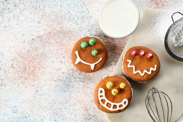 Funny cookies with ingredients on grunge background